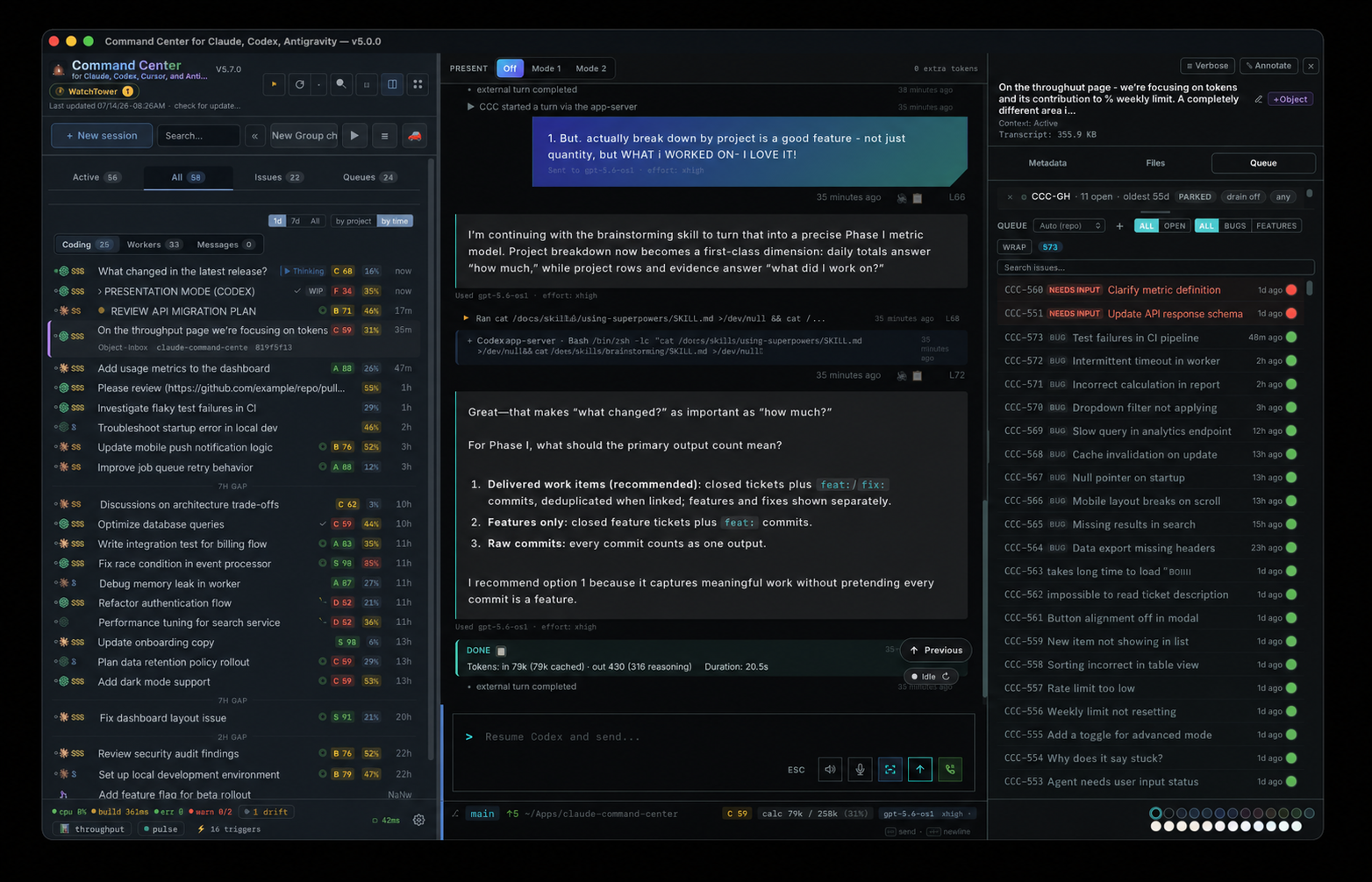 CCC live workspace showing sessions, a conversation, and its linked issue queue