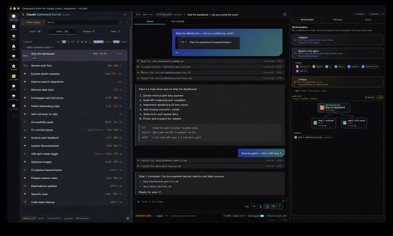CCC v5.29 showing the session fleet, an active agent conversation, one-tap orchestration controls, and a live lane map