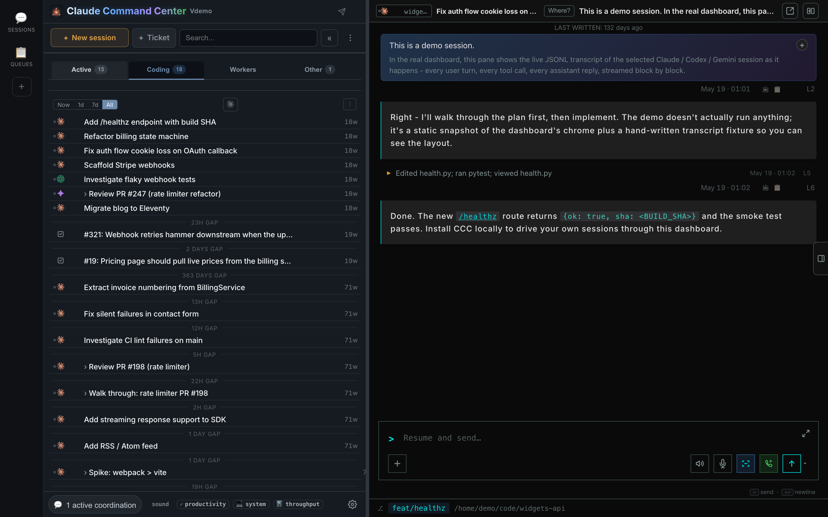CCC v5.35 showing the session fleet in the compact list, an active agent conversation, and the composer