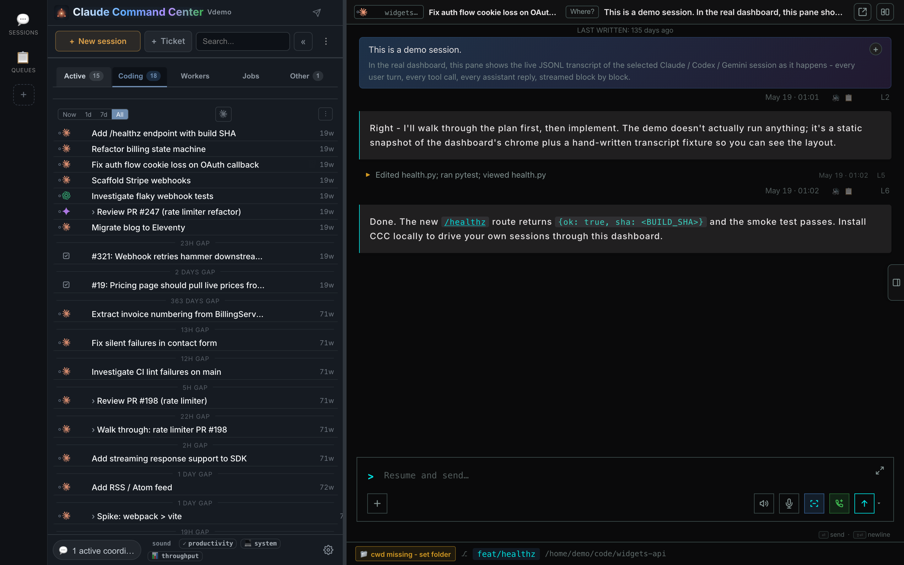 CCC v5.36 showing the session fleet in the compact list, an active agent conversation, and the composer
