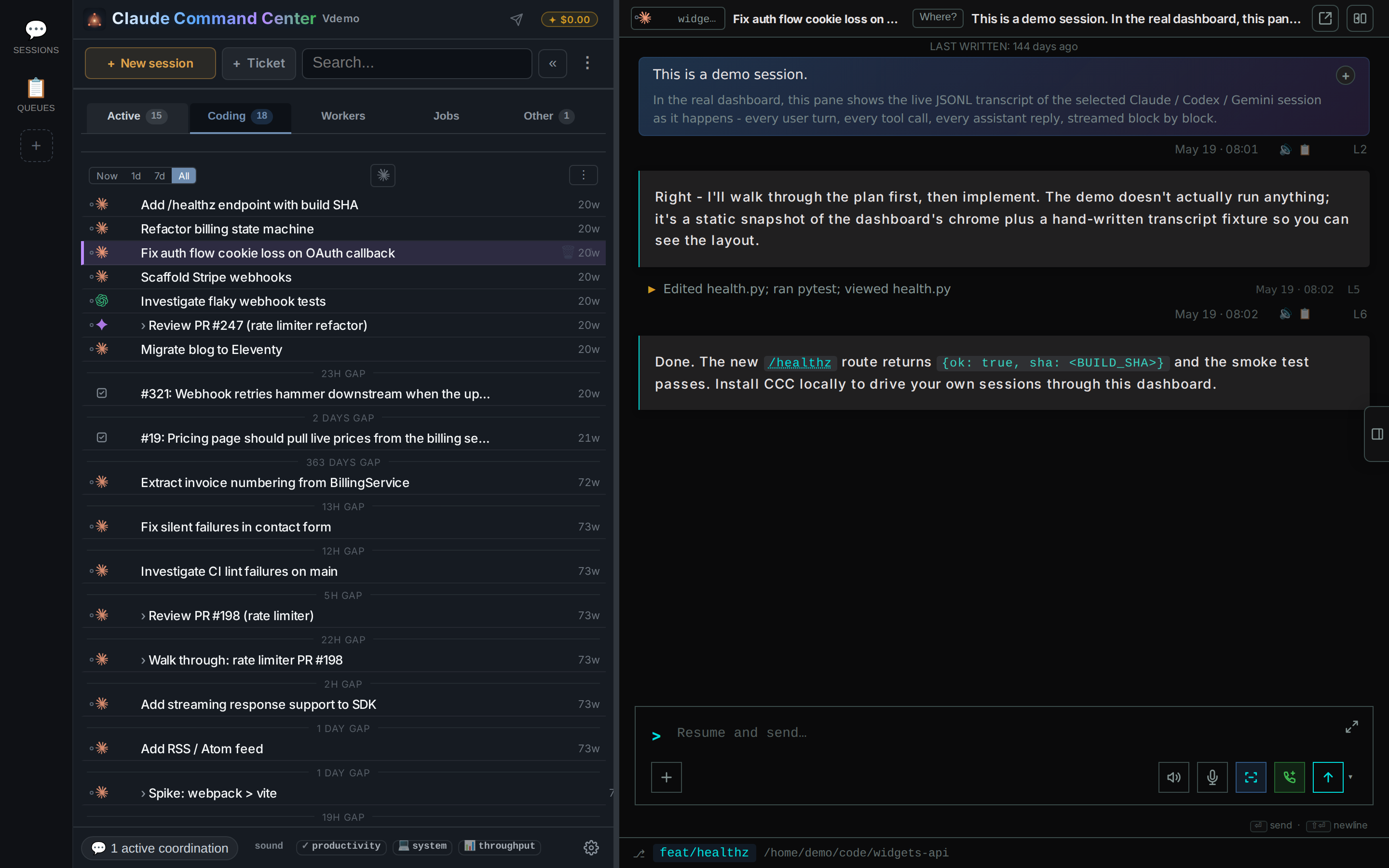 CCC v5.37 showing the session fleet in the compact list, an active agent conversation, and the composer