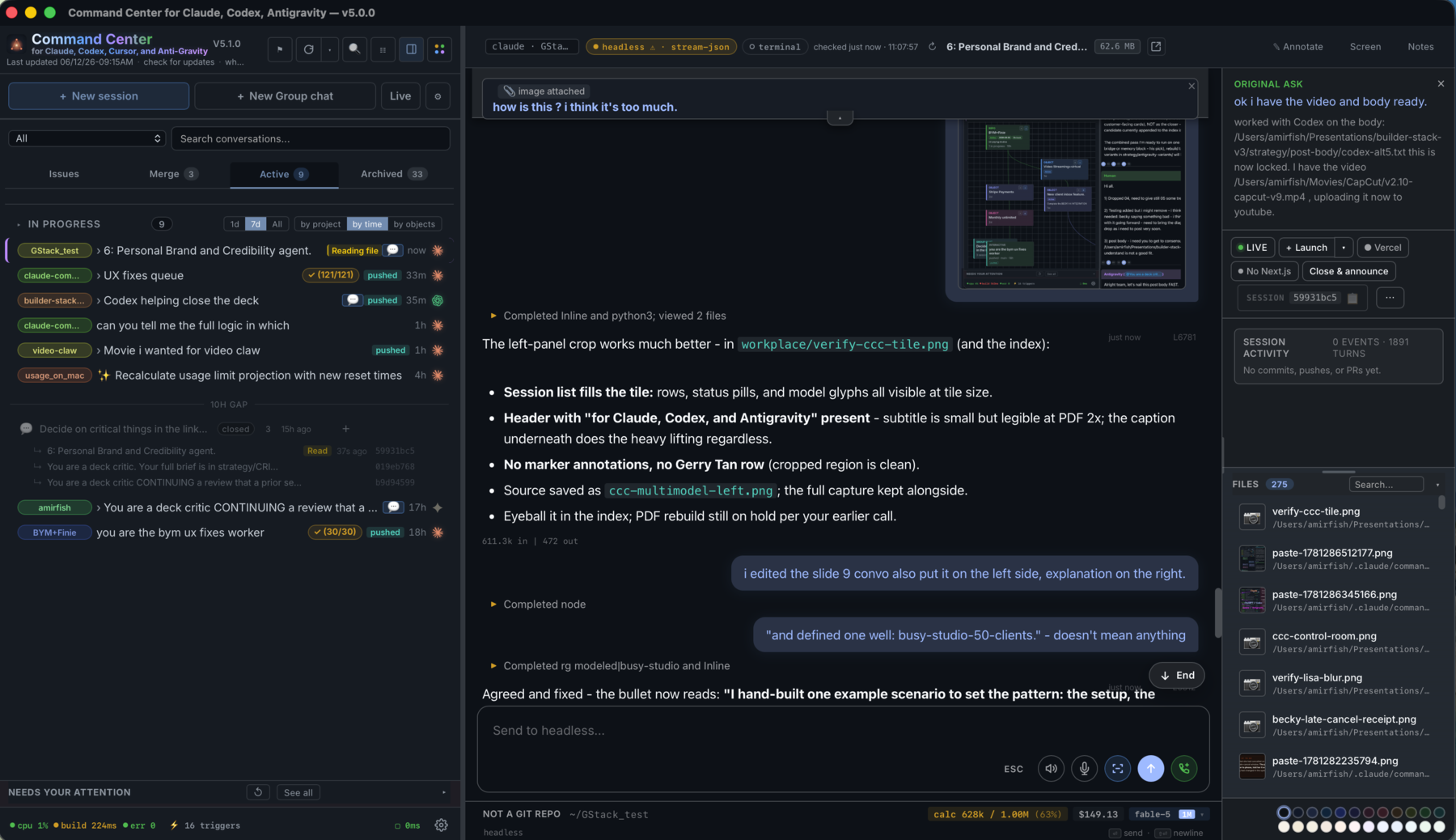 CCC dashboard showing Claude, Codex, Cursor, and Antigravity sessions in one view