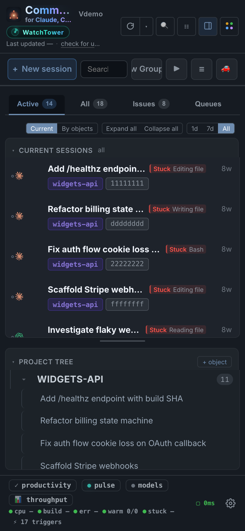 CCC session list on a phone-width screen, showing live and waiting sessions