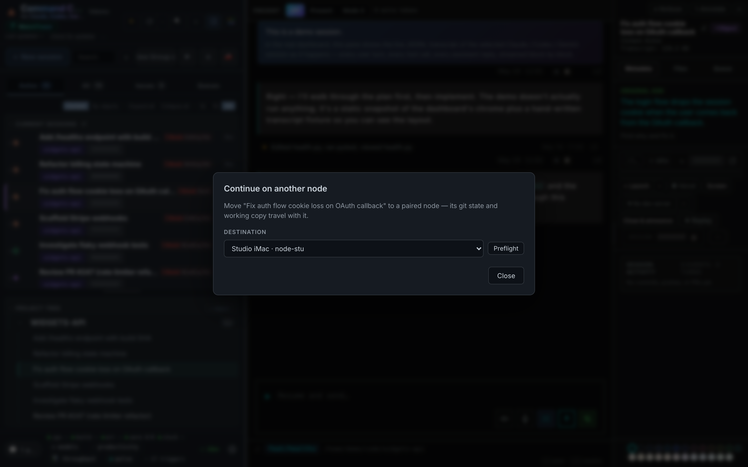 The continue-on-another-machine handoff dialog, ready to move a session to a paired peer