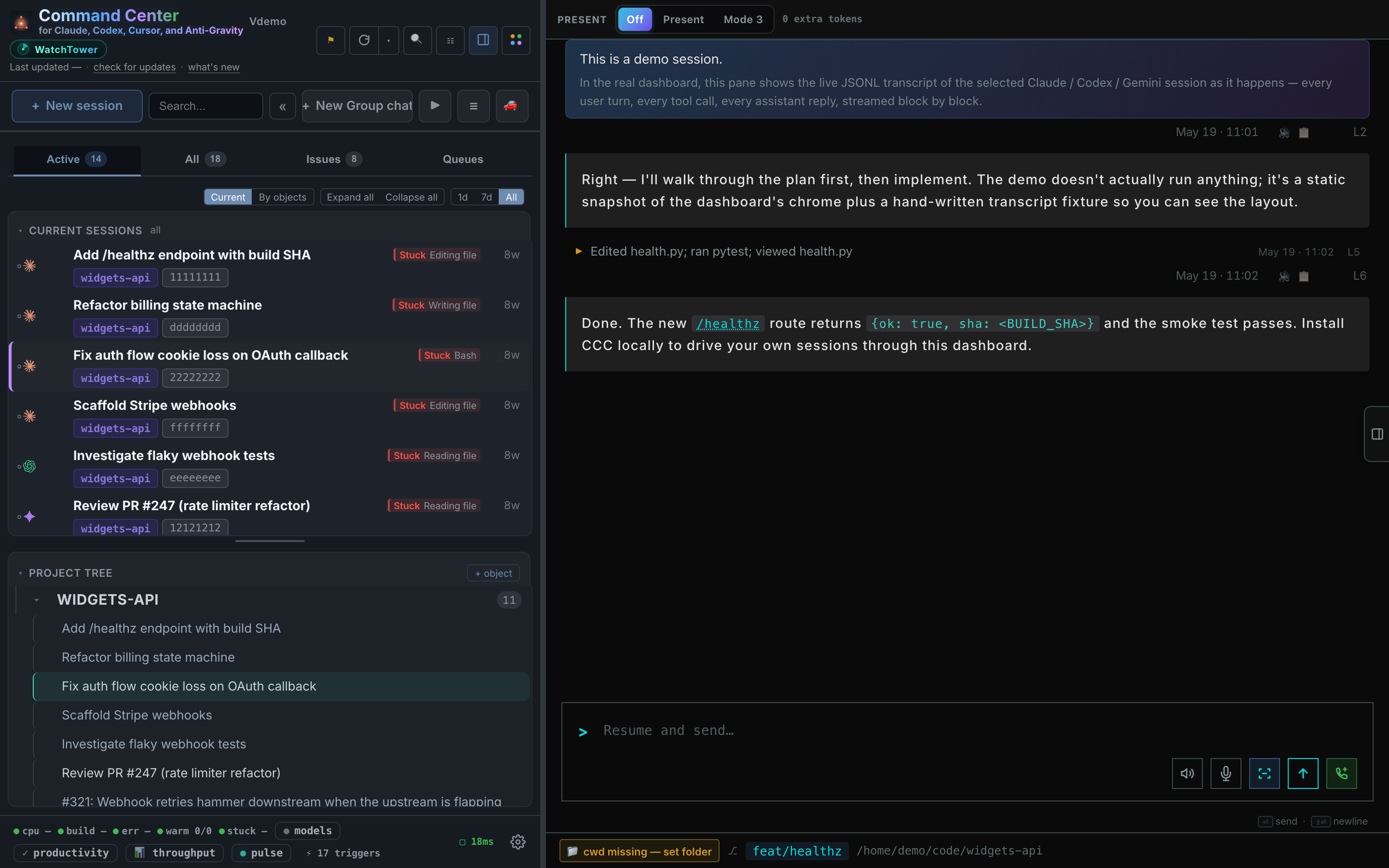 CCC board showing mixed live, waiting, and pull-request rows across three repositories with engine badges
